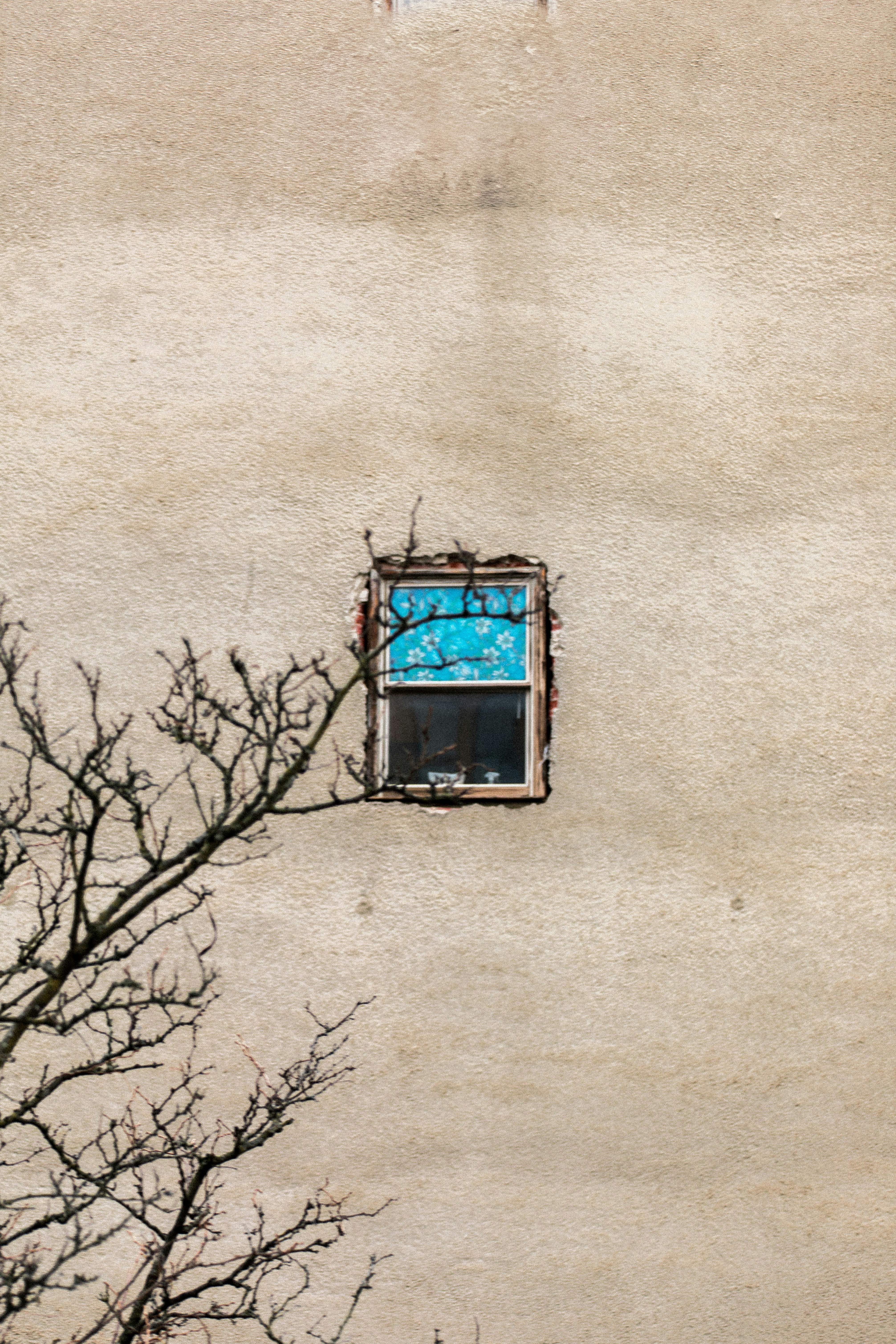 Una ventana se asienta sobre una pared beige texturizada.