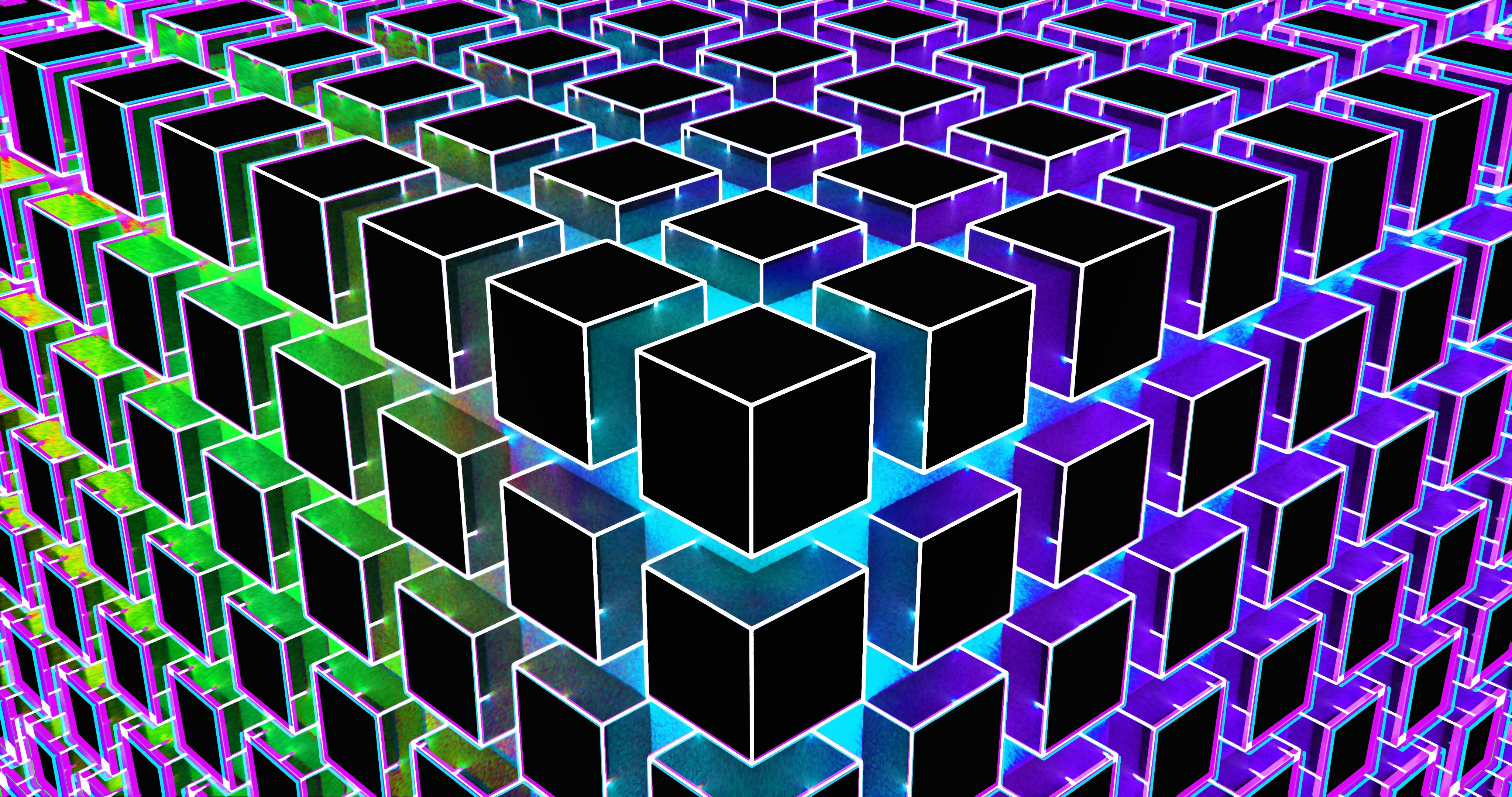 Abstract cubes with glowing edges and a rainbow hue.