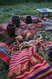 A picnic of fruits, nuts, and mugs on a blanket.