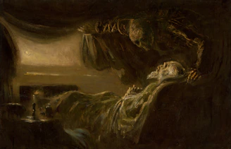 A skeletal figure leans over a deceased person in bed.
