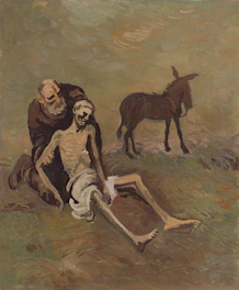 An old man helps a dying man with a donkey