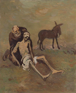 An old man helps a dying man with a donkey