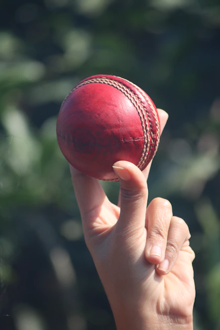 A hand balances a cricket ball.