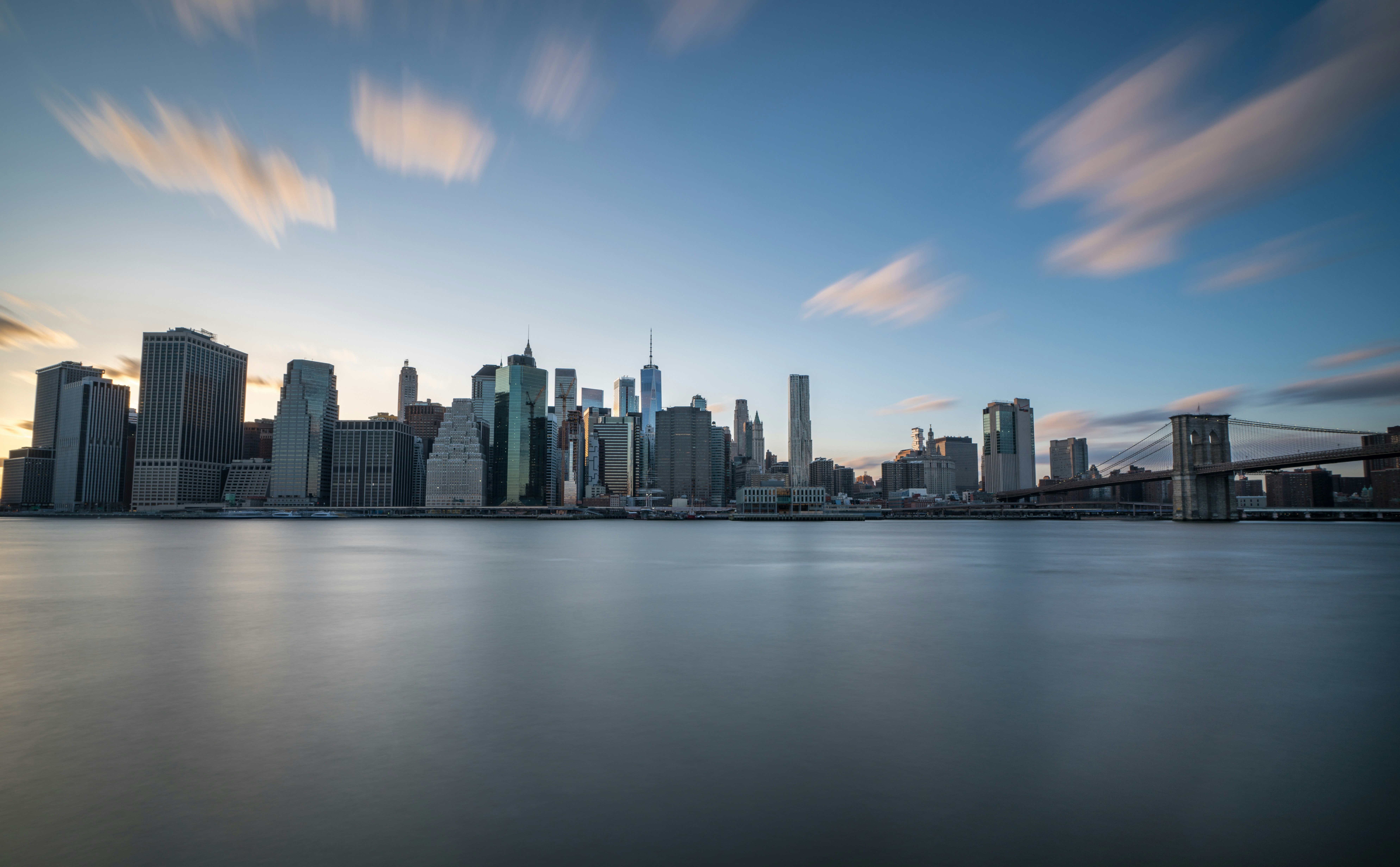 New york city skyline with blurred clouds.