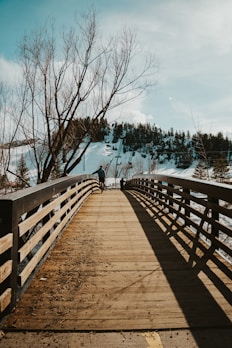 Person walks on a bridge towards a snowy landscape.