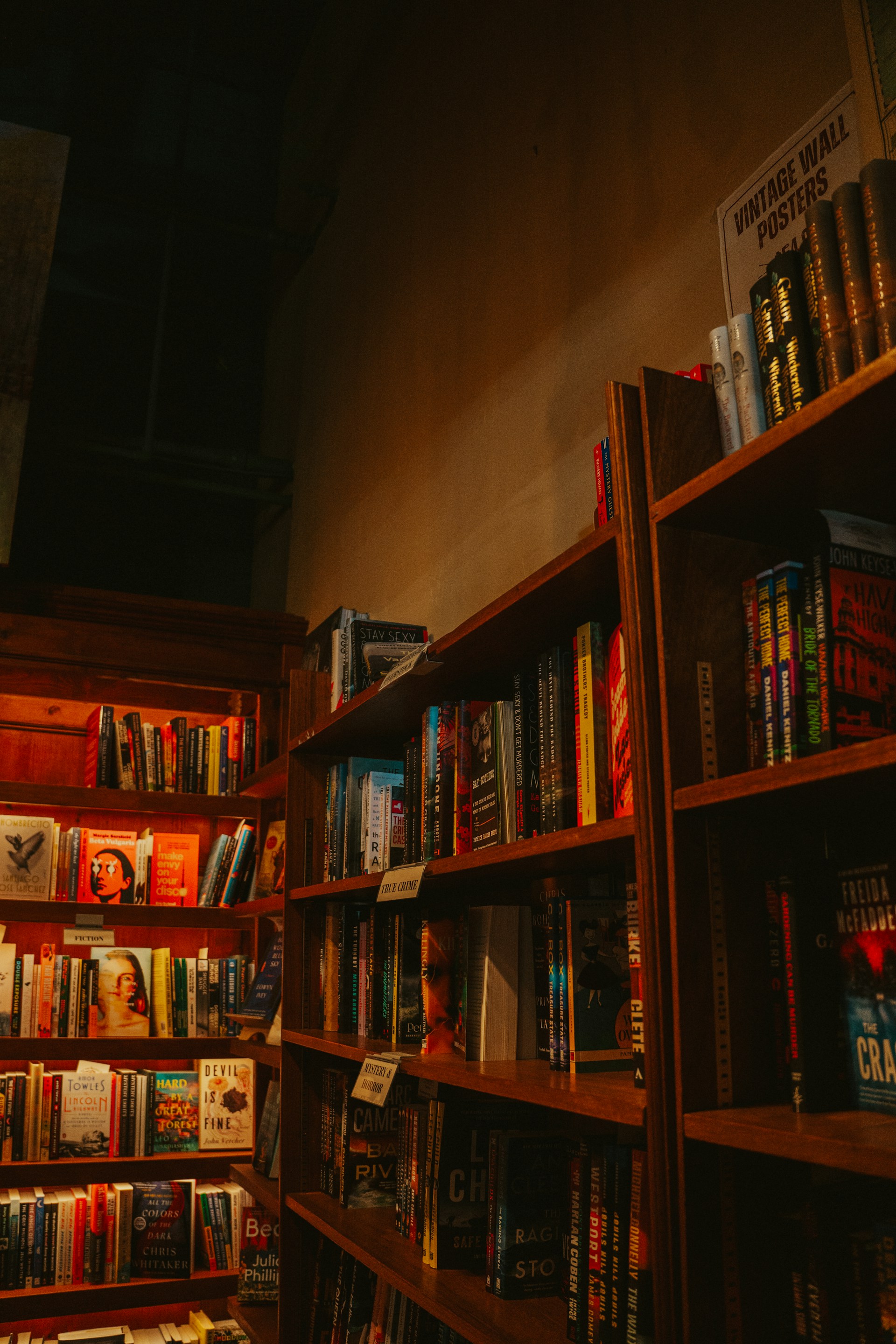 Bookshelves filled with books in a cozy bookstore.