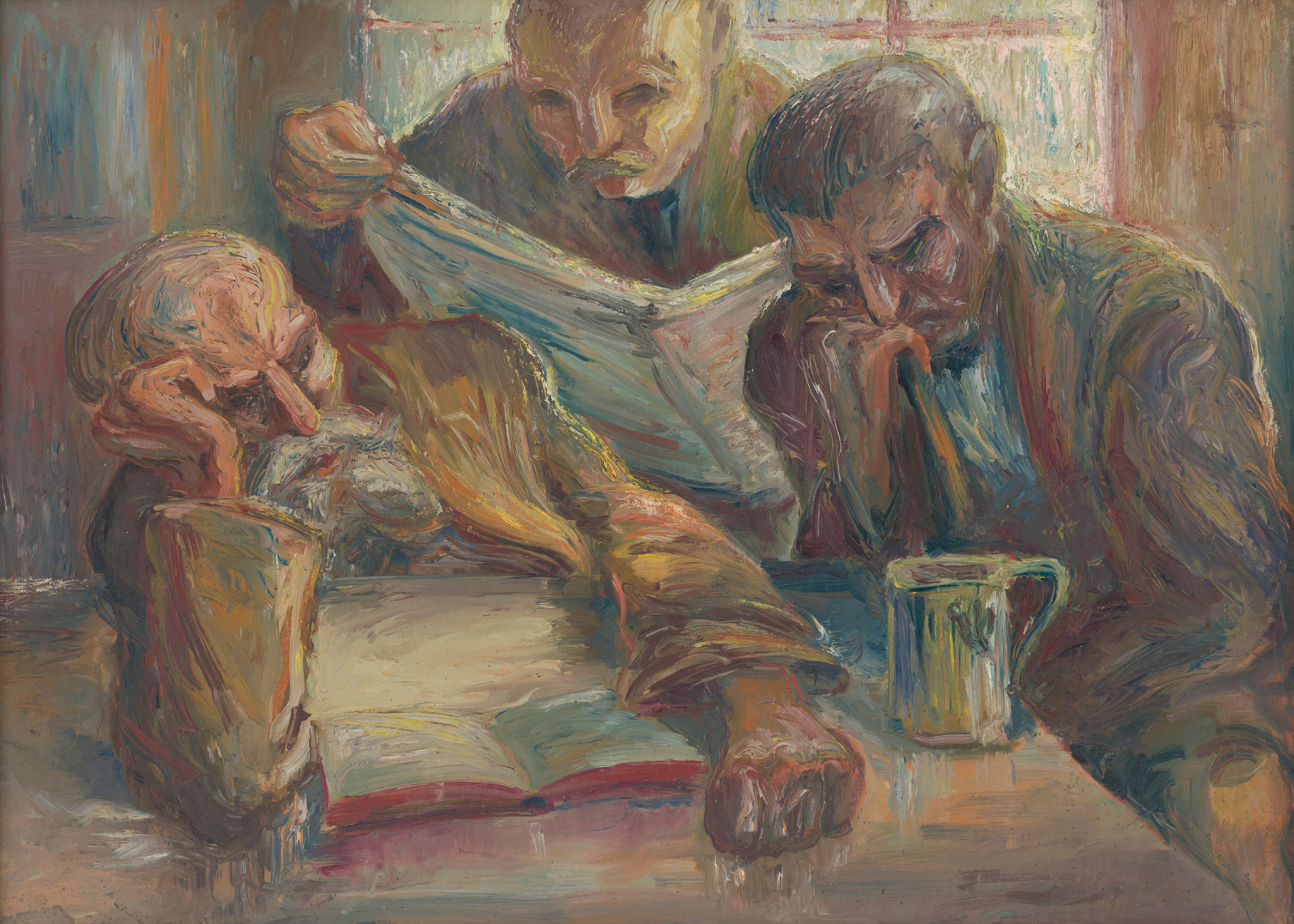 Three men gathered around a table with a newspaper.