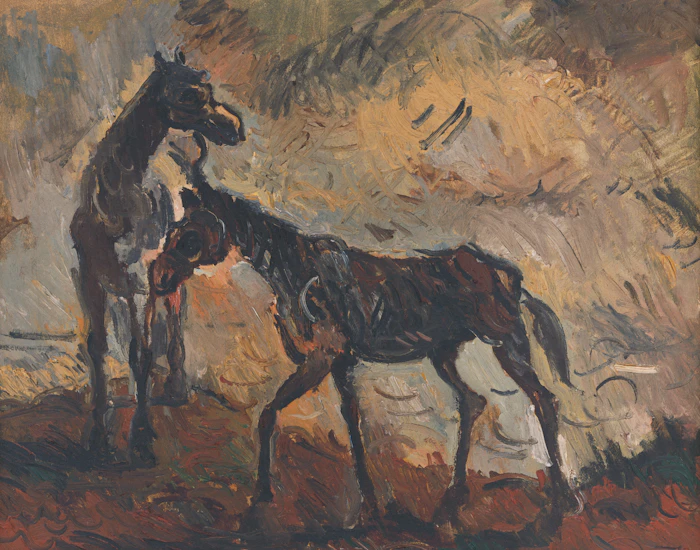 Wide equestrian painting in a landscape