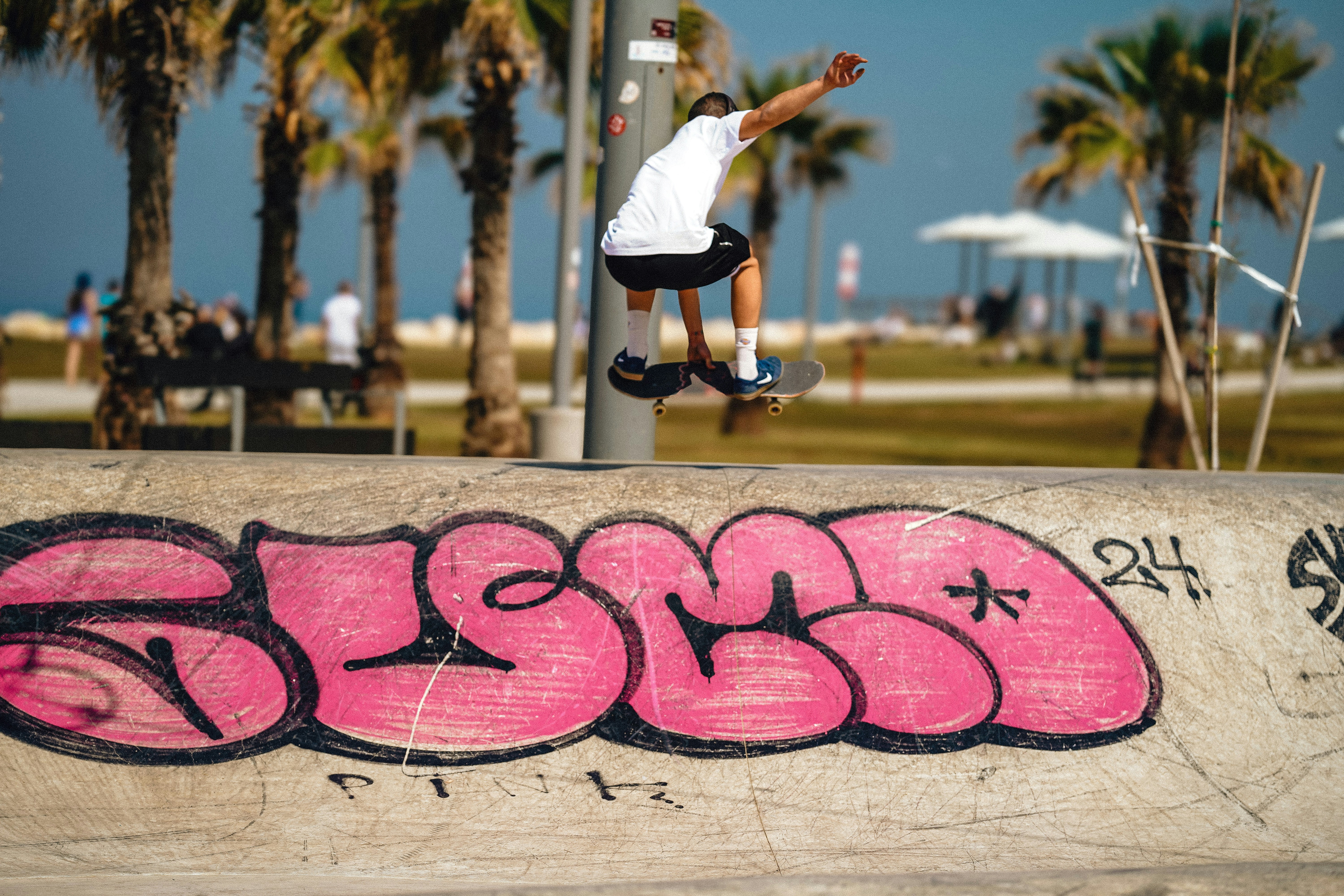A skateboarder performs a trick over graffiti.