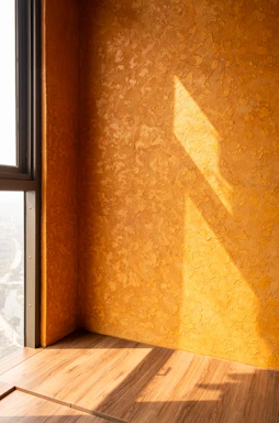 Sunlight casts shadows on an orange textured wall