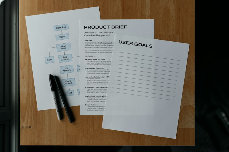Product brief papers and pens on a desk