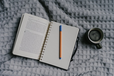 Book, notebook, pen, and coffee on a blanket.
