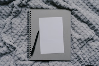 Notebook and pen rest on a fluffy blanket.