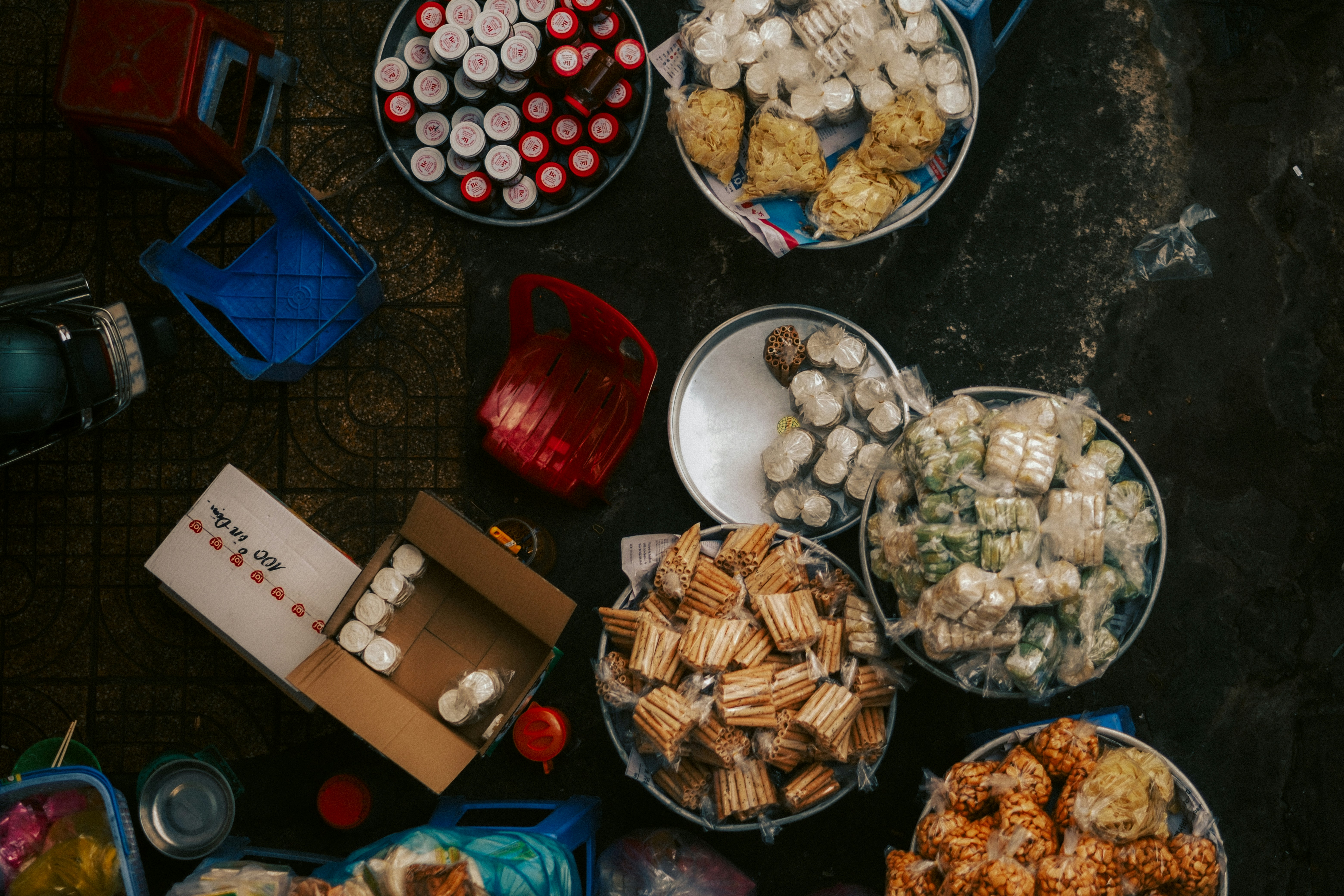 Various food items are arranged in containers.