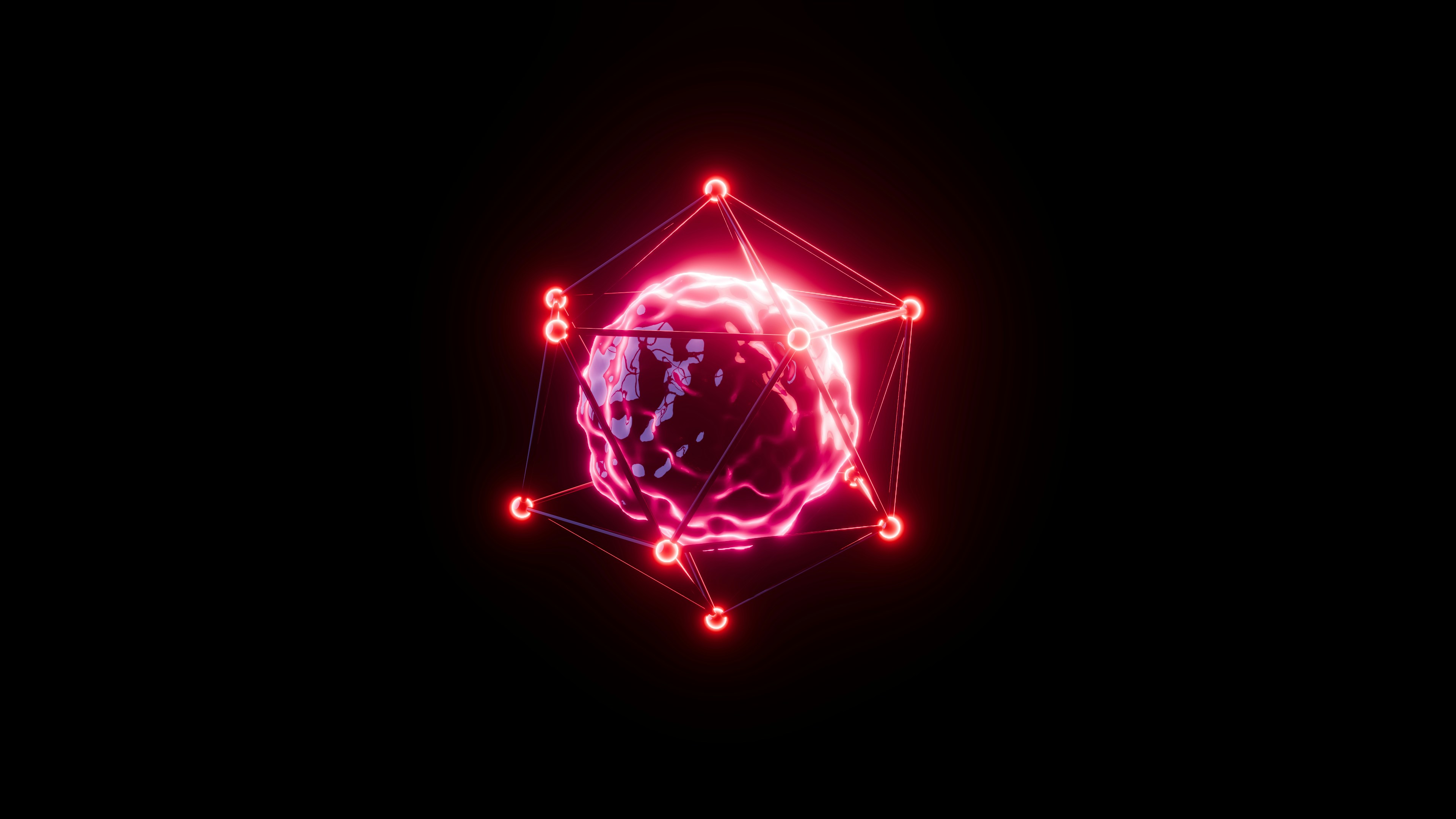 A glowing red core within a geometric structure.