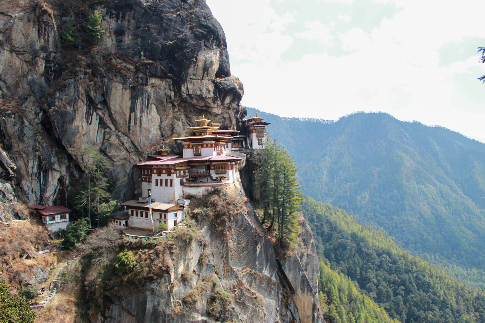 Tiger's Nest monastery clinging to a cliffside above a forested valley in Bhutan.