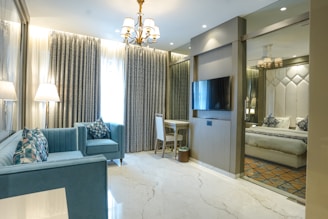 A luxurious hotel room with elegant furnishings.