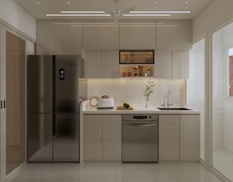 A modern kitchen features stainless steel appliances.