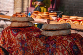 Fresh baked bread on display at market.