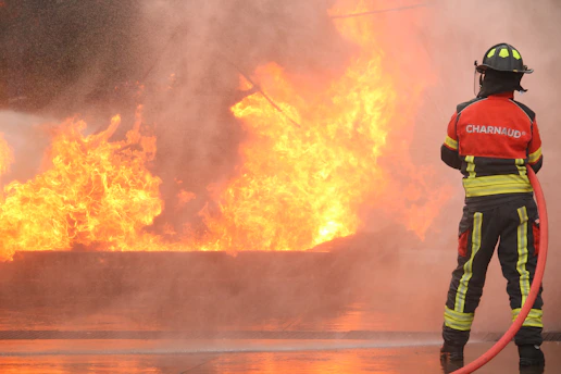 A firefighter watches a large fire burn.