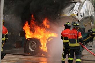 Firefighters extinguish a burning truck's tire.