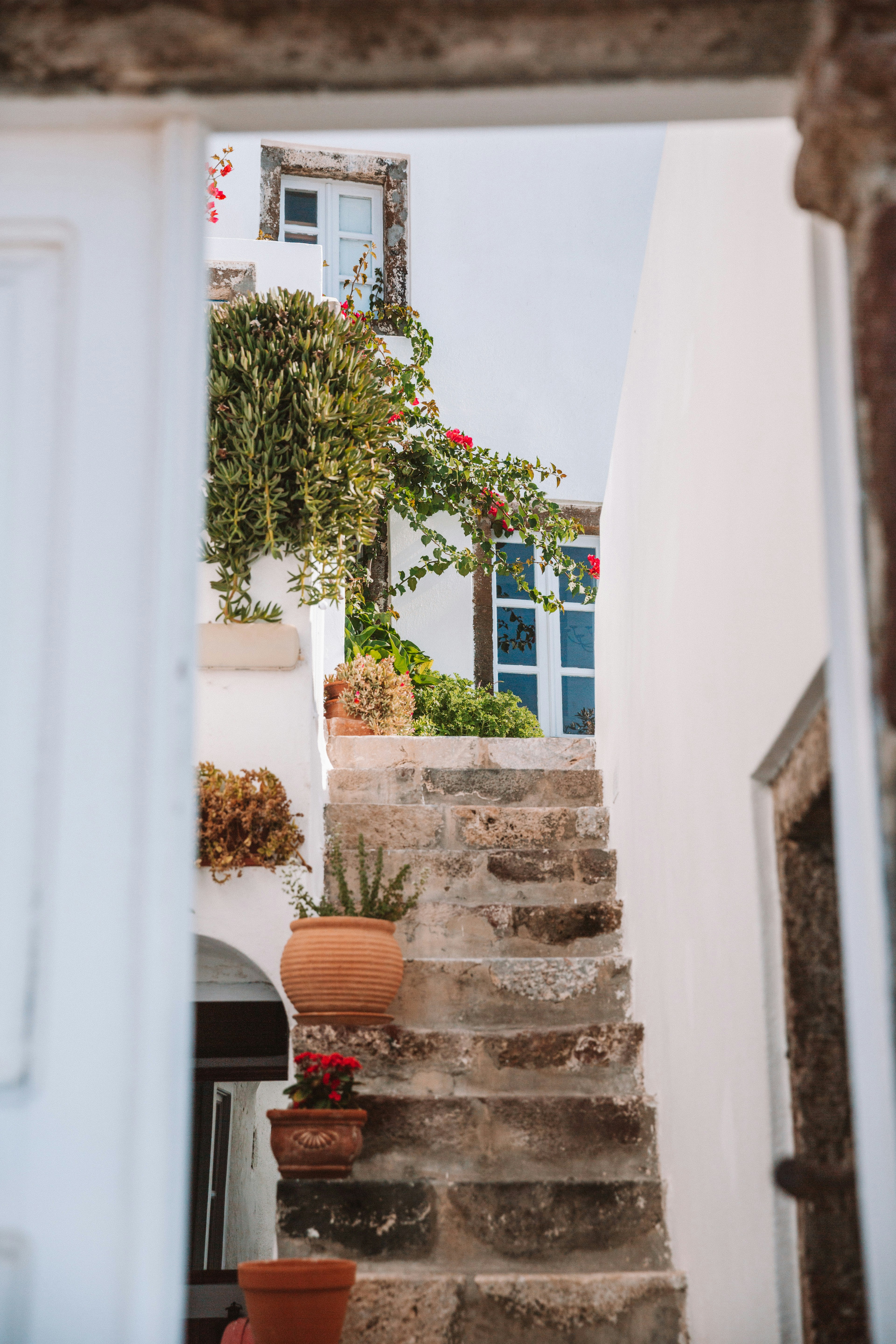 Stone stairs lead to a beautiful, white building.