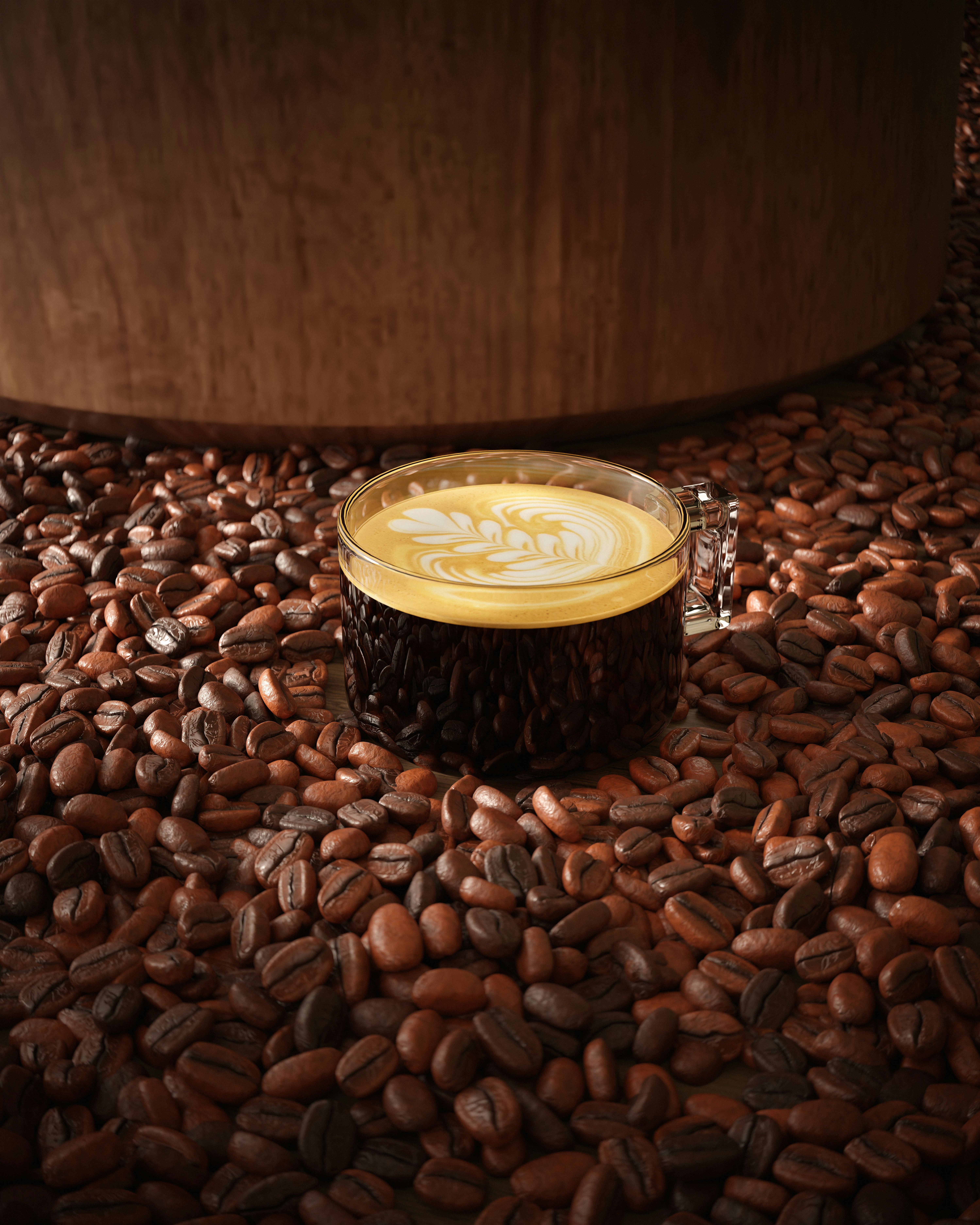 Coffee in a cup amidst coffee beans.