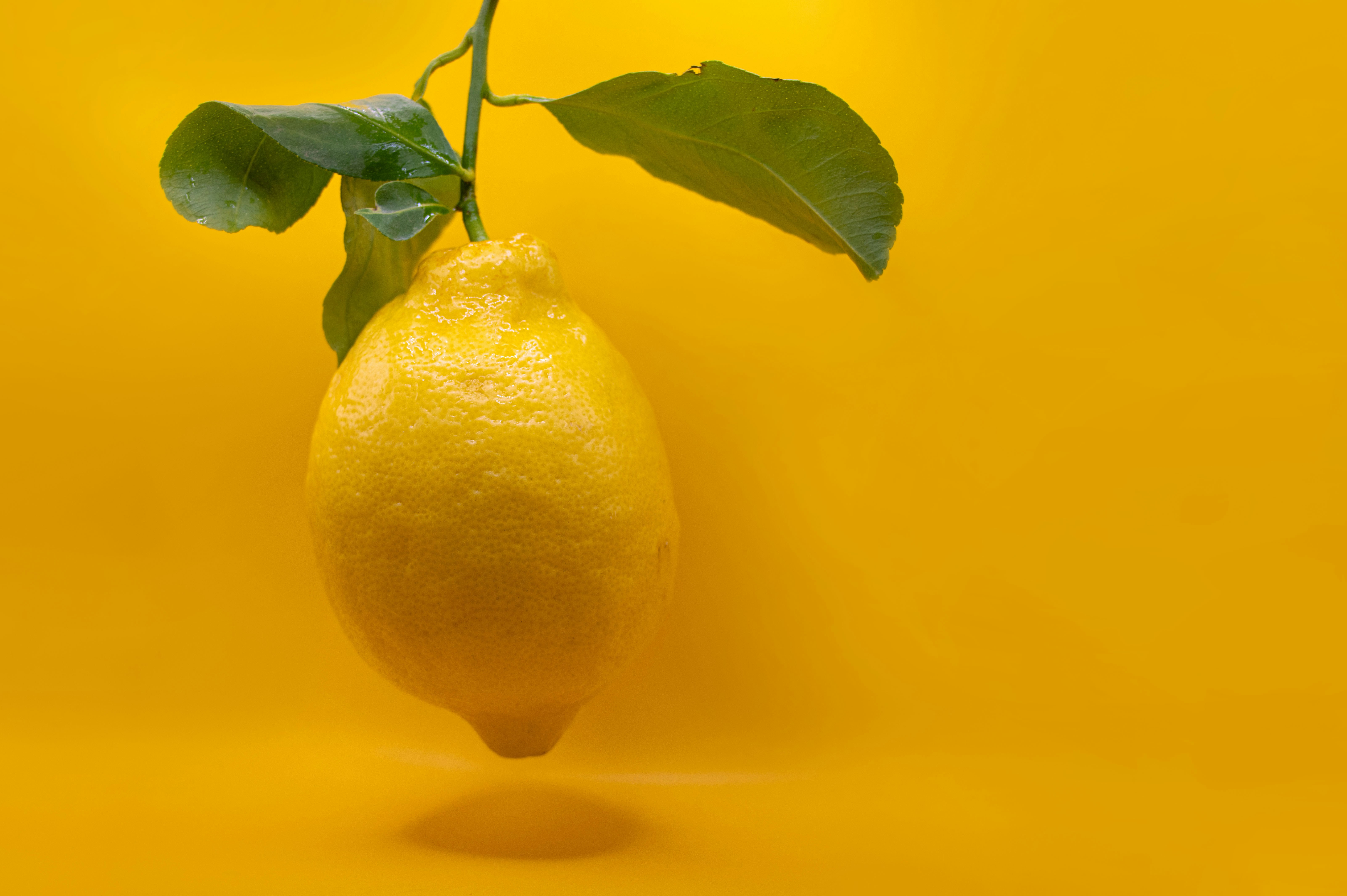 A lemon with green leaves on a vibrant yellow background.