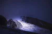 A snow-covered hillside at night with a single light washing across it