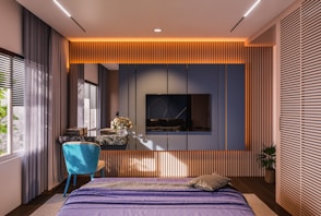 A stylish bedroom with modern design and comfort.