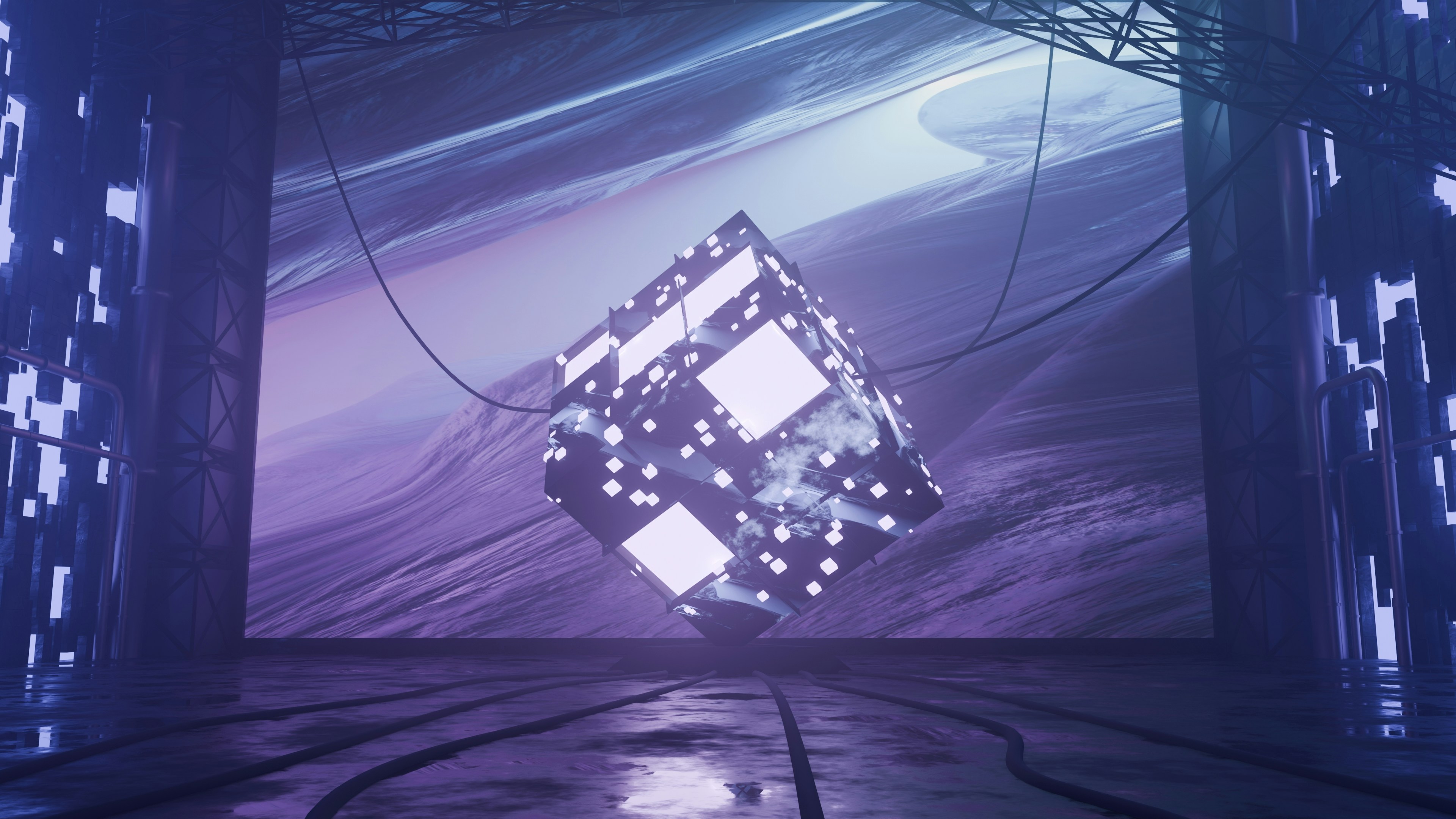 A futuristic cube floats in a digital space.