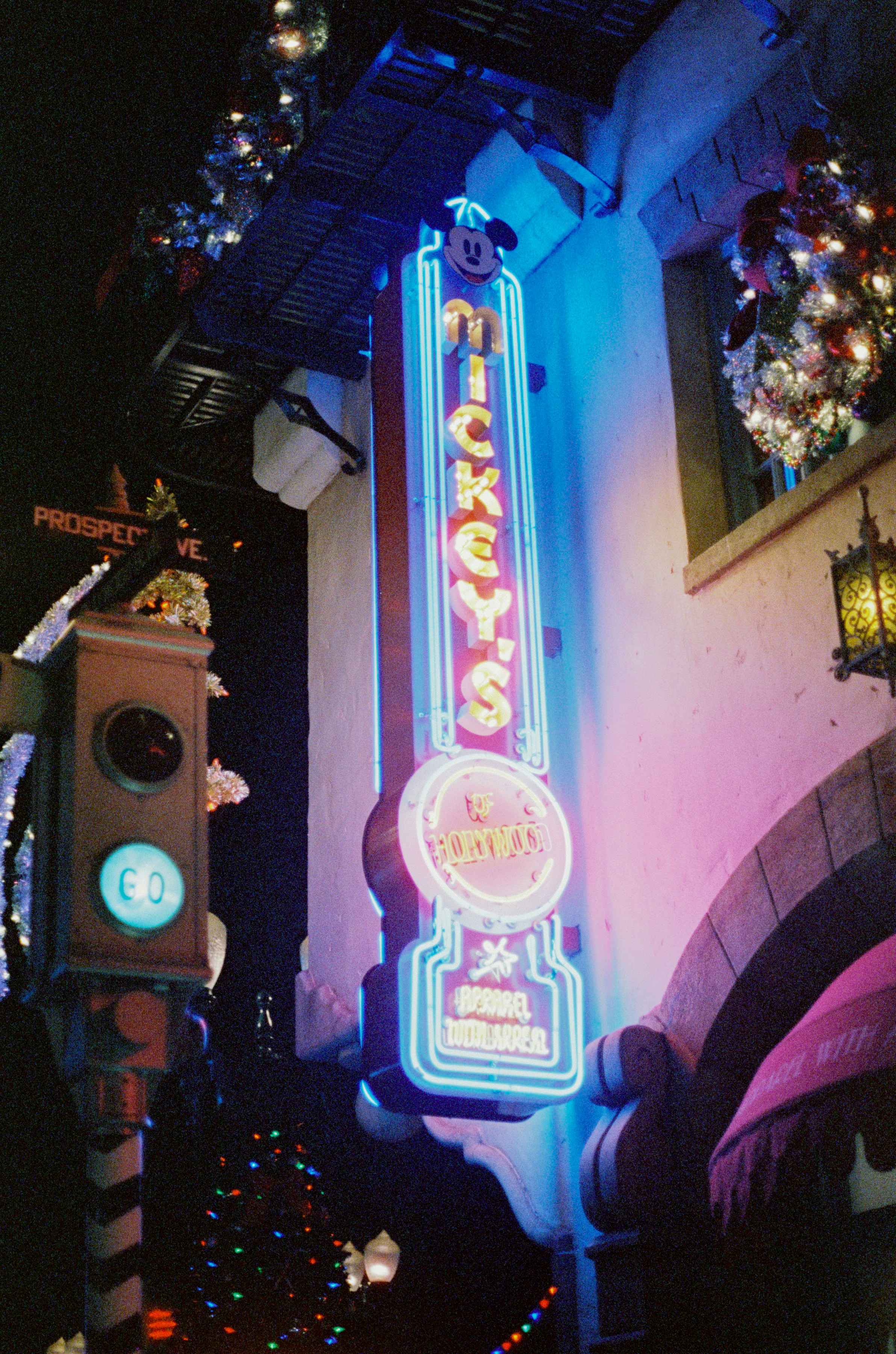 Mickey's restaurant is decorated with holiday lights.