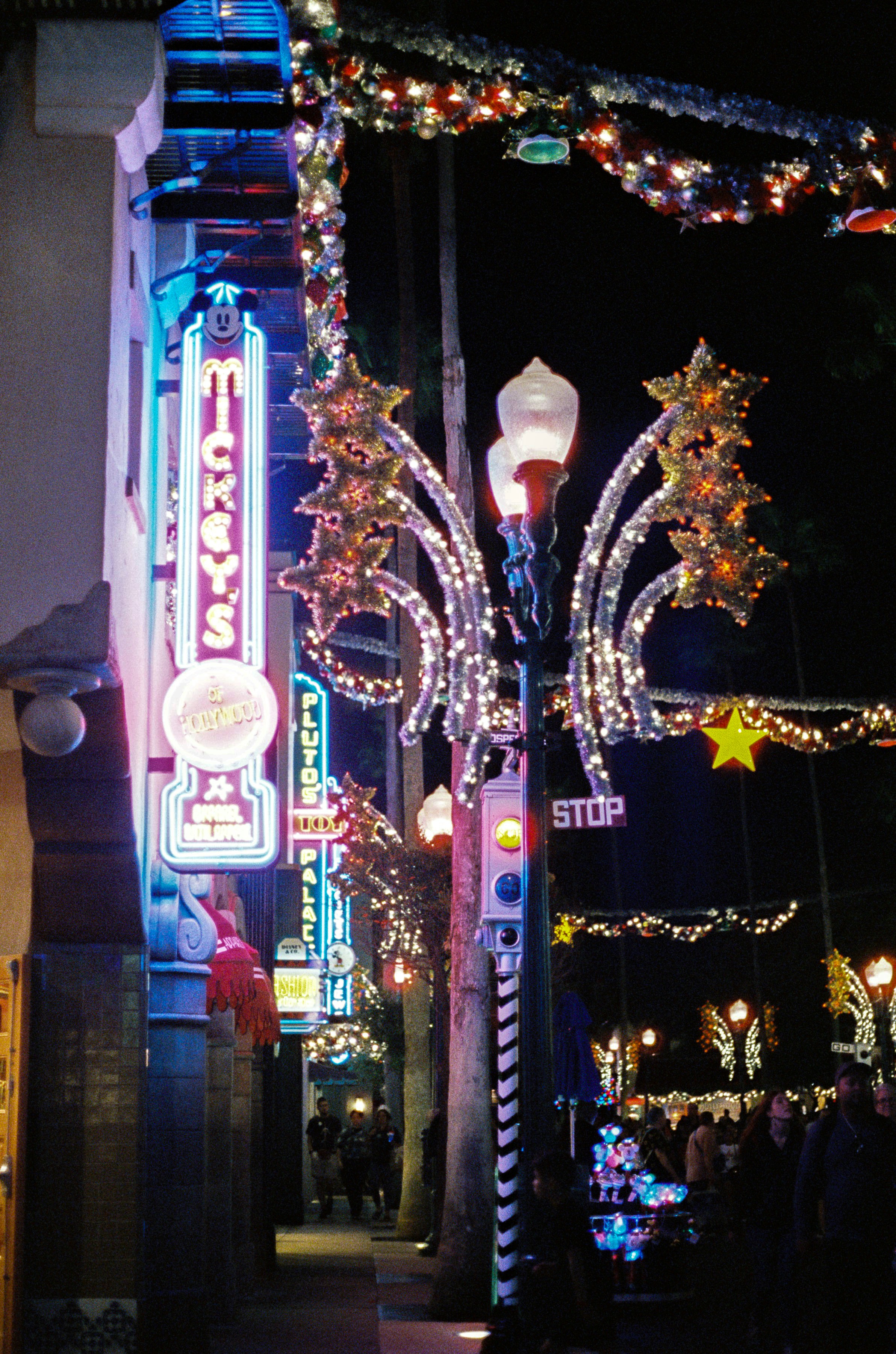 Christmas decorations illuminate a street at night.
