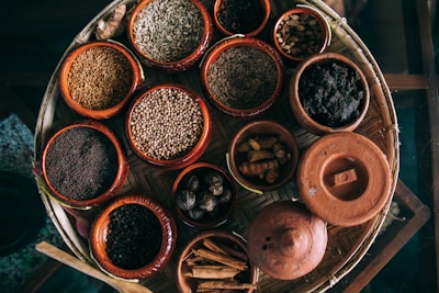 A tray of various spices is displayed.