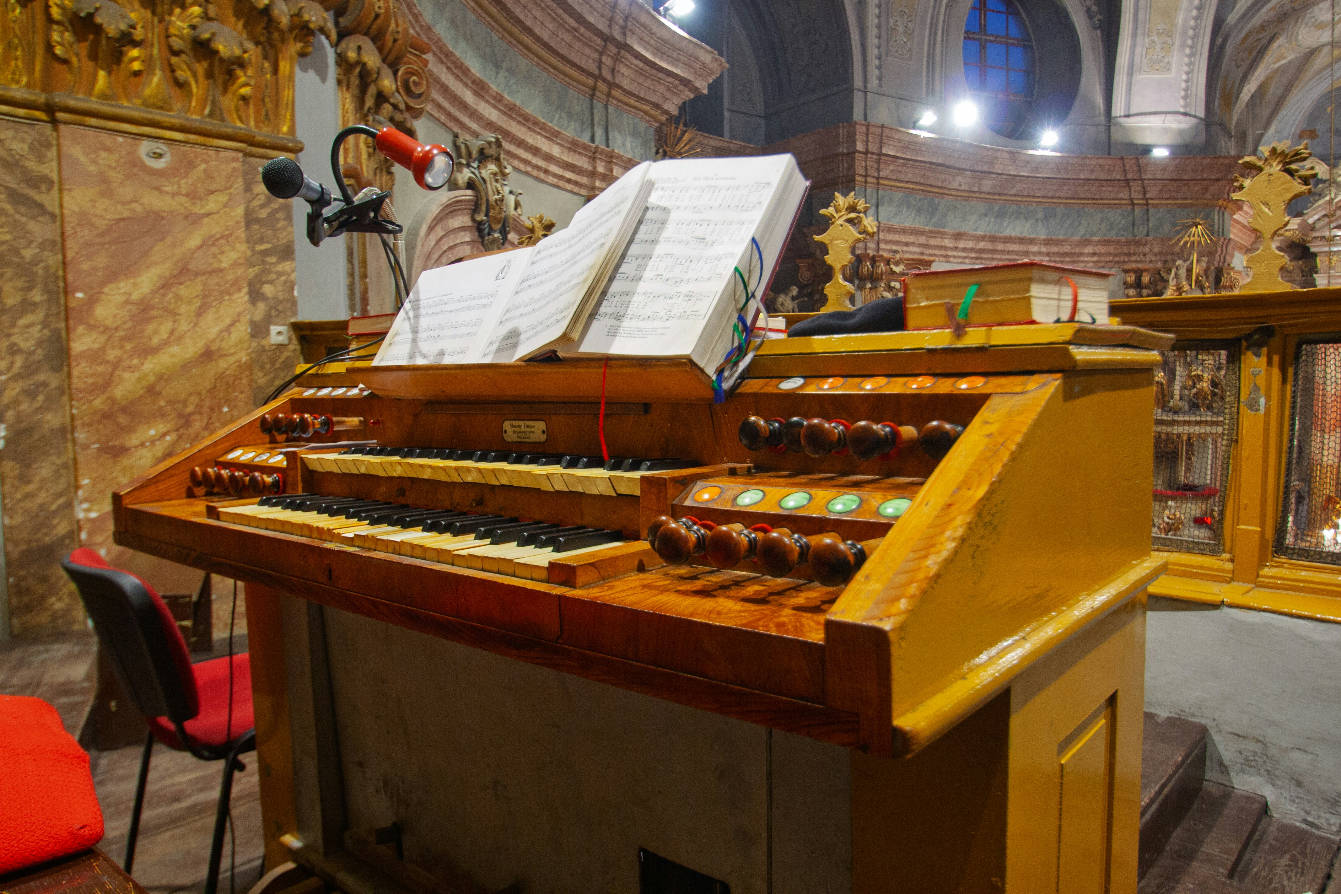 A wooden organ in a church.