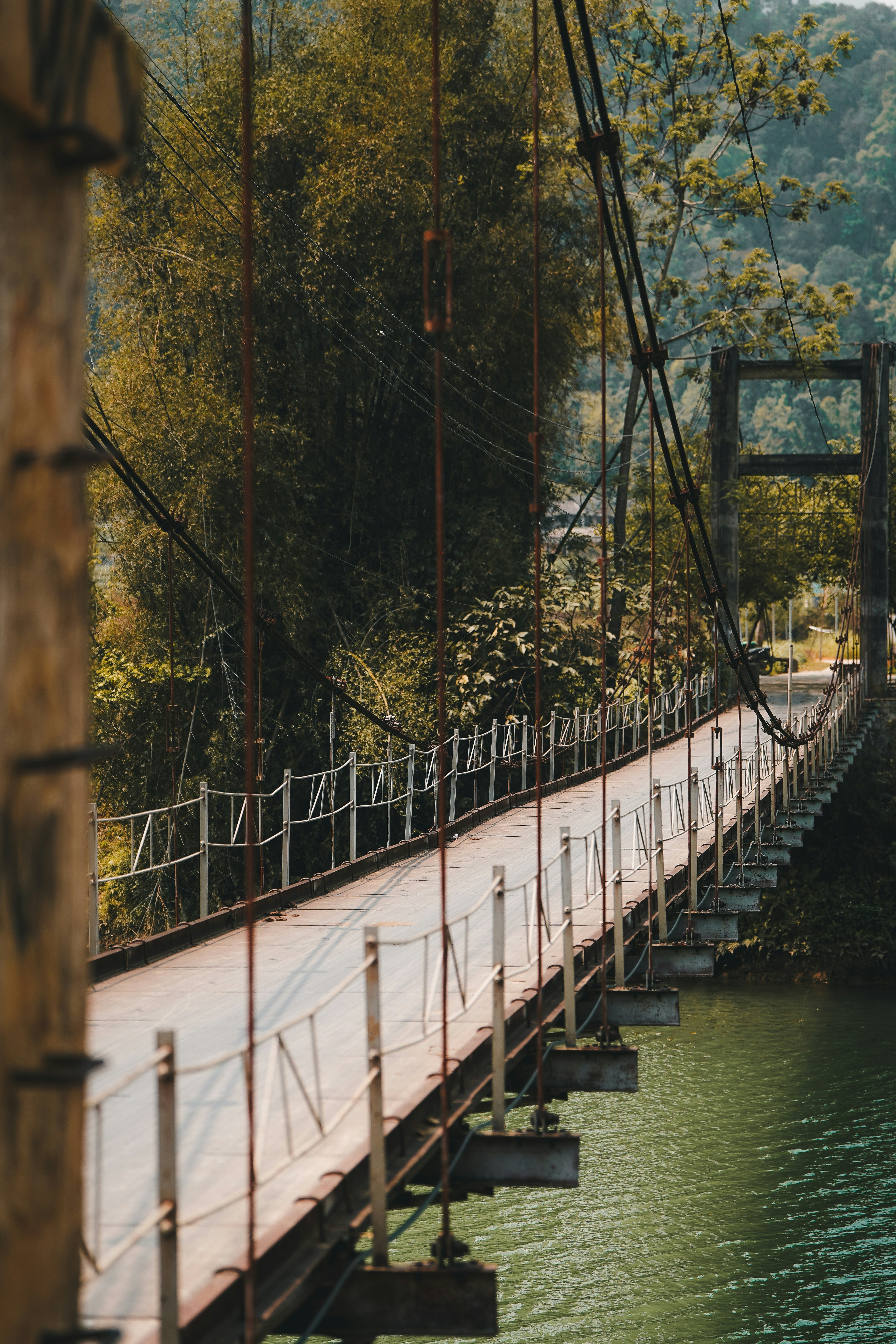 Un ponte sospeso si estende su un lago.