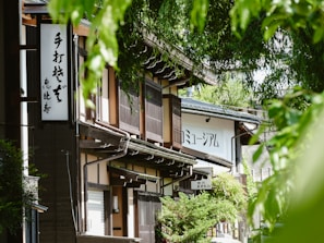 Japanese shop exterior is seen through the leaves.