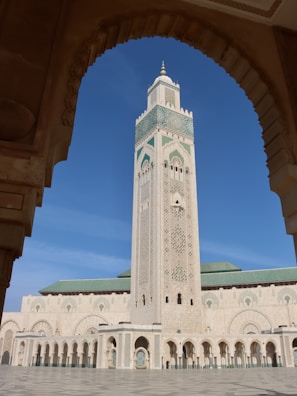 View of a mosque through an archway.