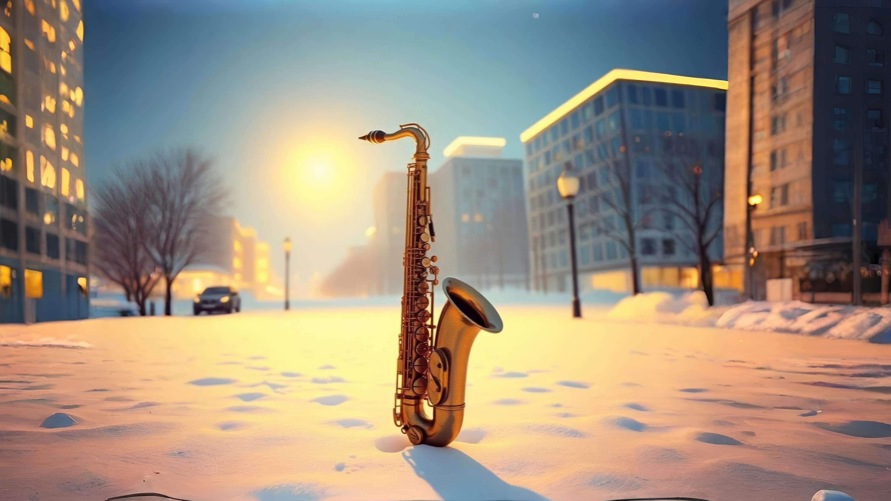 A saxophone stands in the snowy city