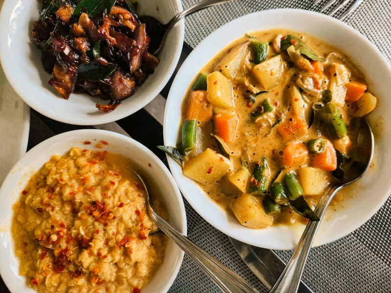 Sri Lankan parippu dhal curry served with rice and vegetable curries