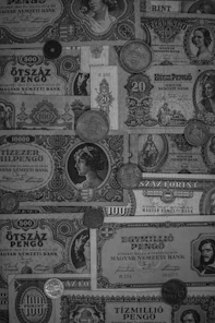 Old hungarian money and coins fill the frame.