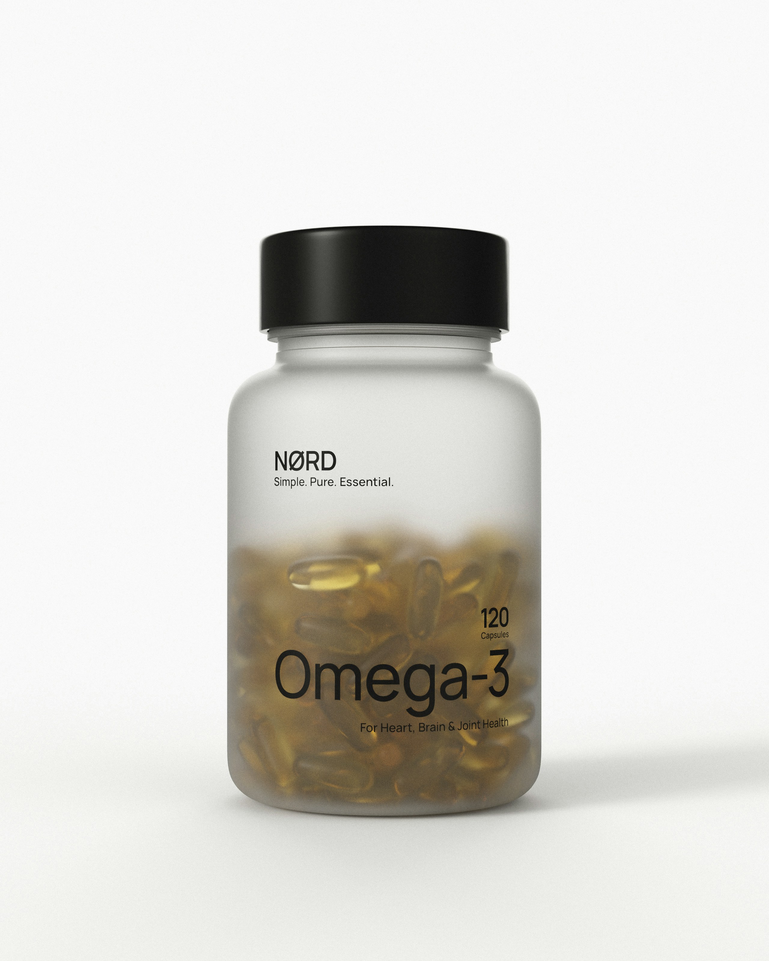 Omega-3 capsules are in a bottle.