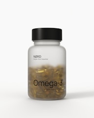 Omega-3 capsules are in a bottle.