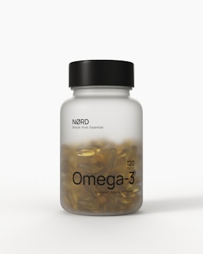 Omega-3 capsules are in a bottle.