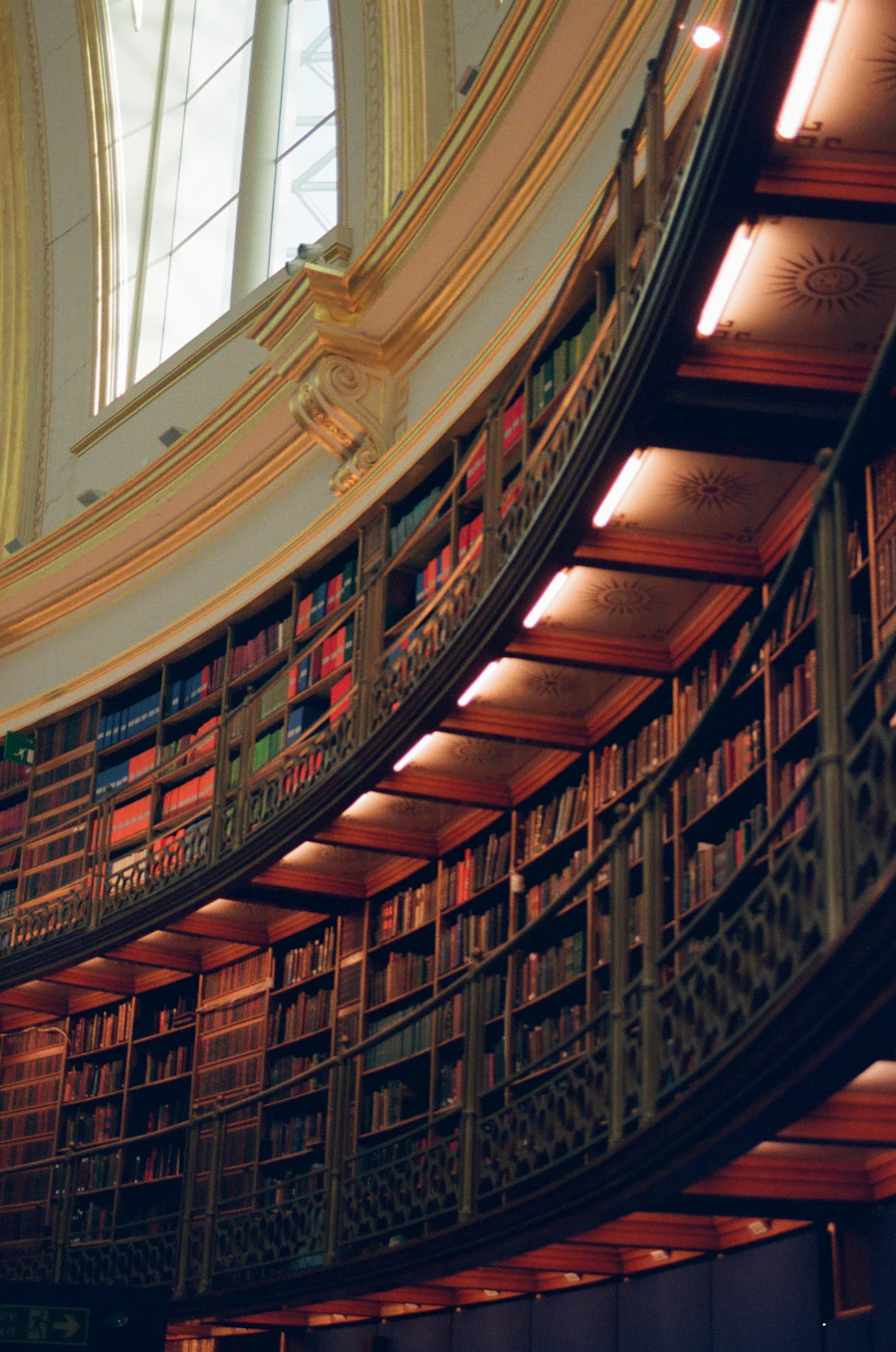 Grand curved library filled with books
