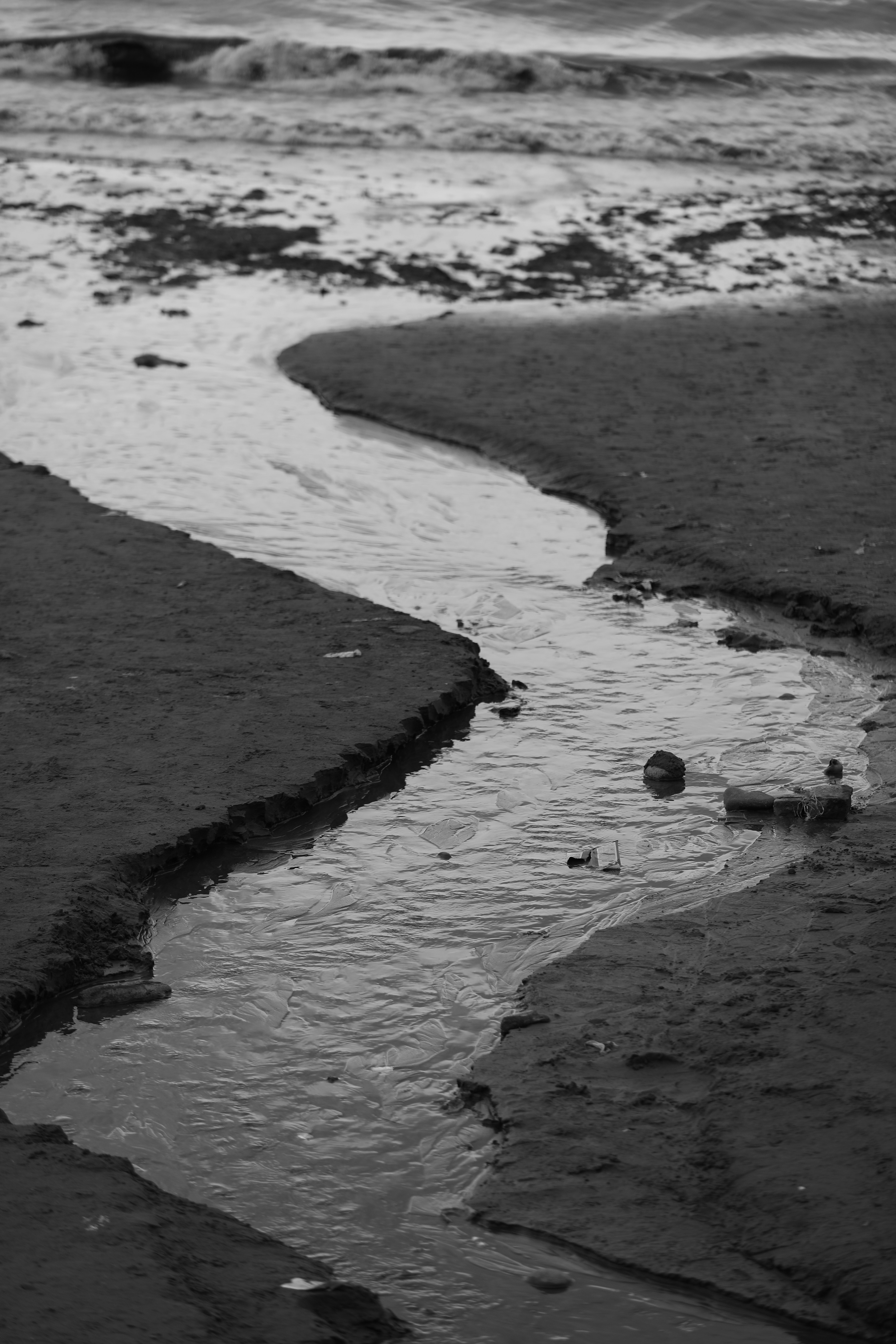 A river winds through the sand to the ocean.