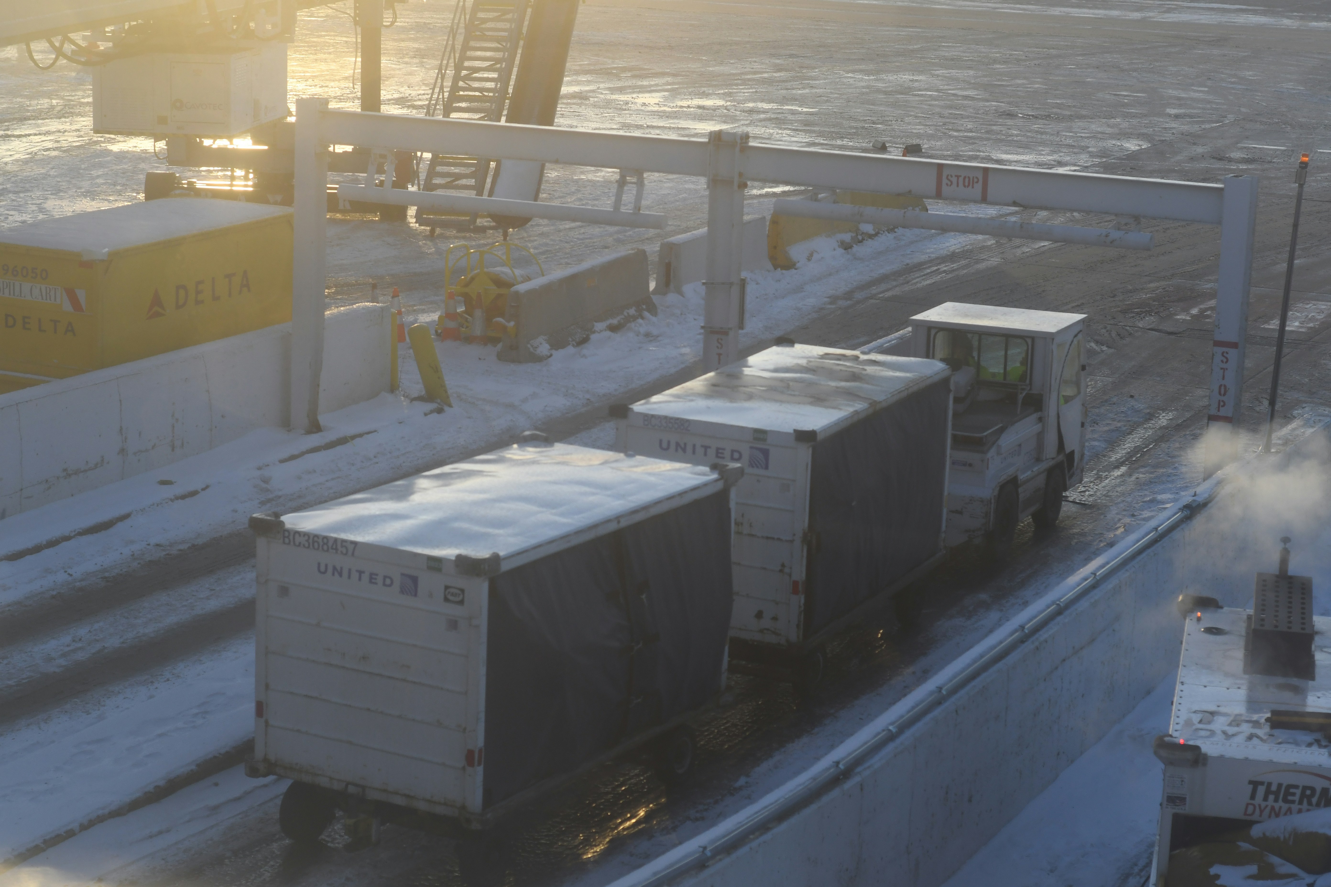 Trucks and trailers on a snow-covered cargo ship