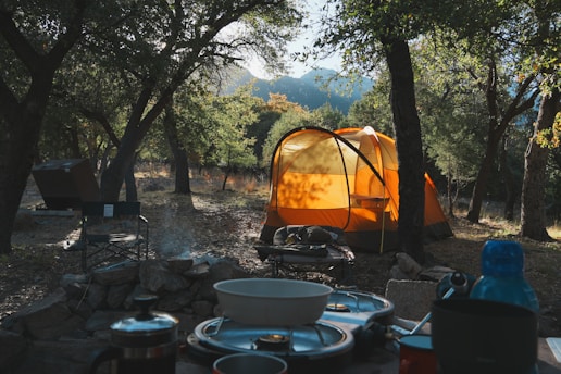 Camping and cooking amidst a scenic outdoor setting.
