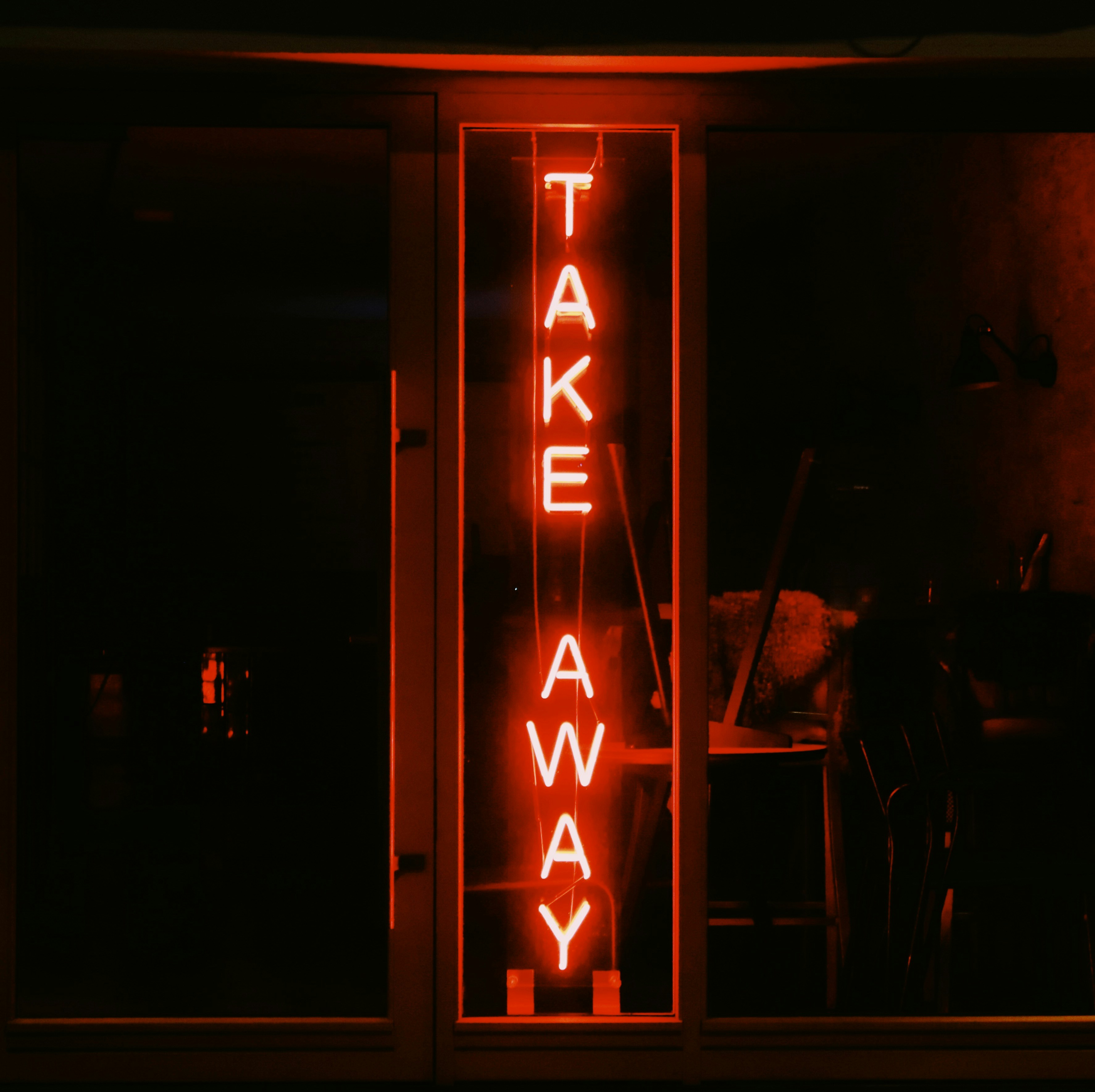 Neon sign: take away.