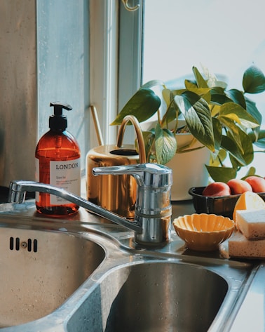 A stylish kitchen sink with soap and plants.